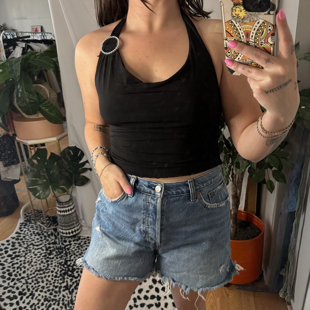 Scoop Neck Halter Tank Top Black Y2K